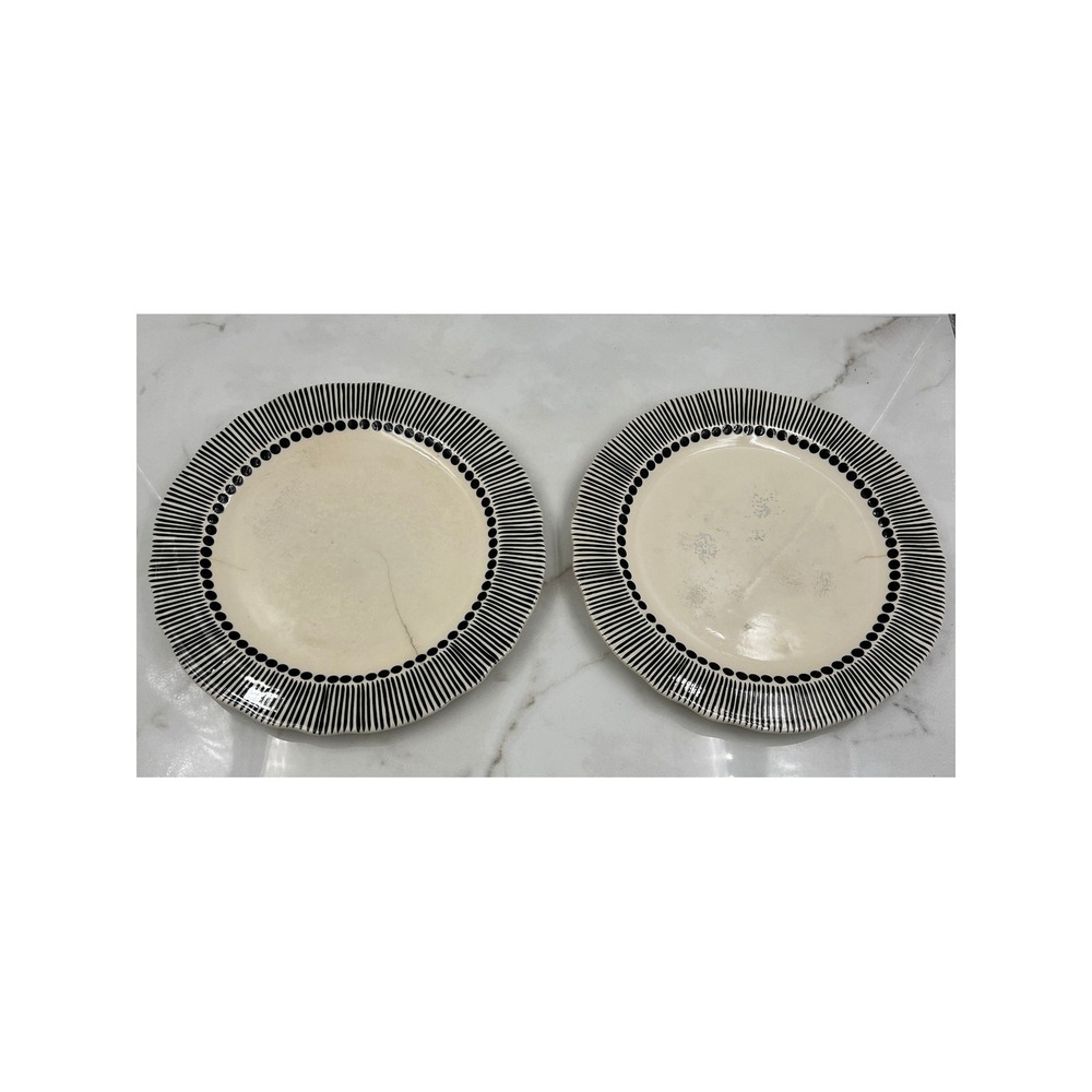 M. Bagwell Mix & Match Ceramic Dinner Plates Cream Black Polka Dot Stripe Set 2